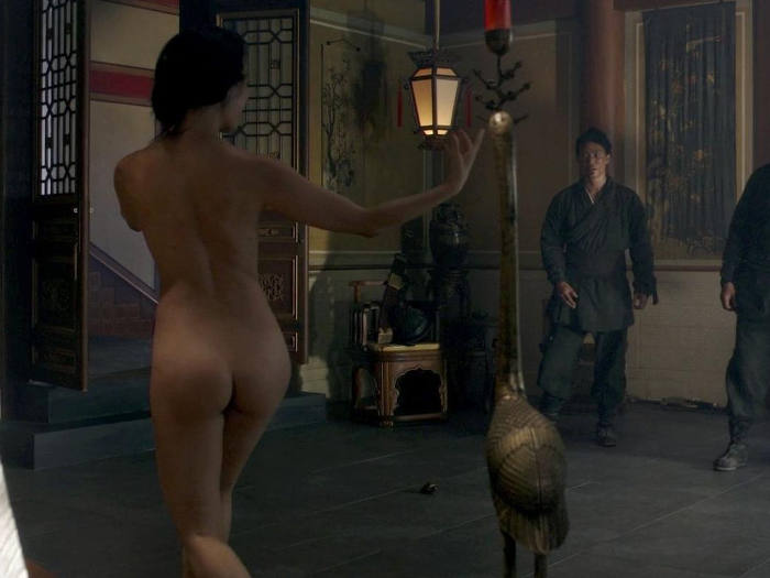 Olivia Cheng drops her robe going fully nude and begins fighting three men ...